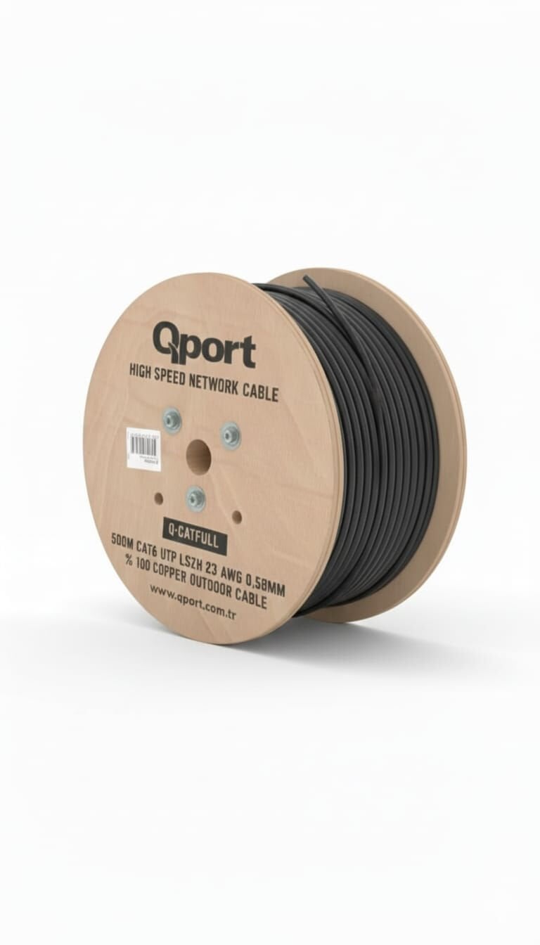 QPORT 500metre CAT6 Utp 23AWG Siyah Outdoor Makaralı LSZH Kablo Q-CATFULL