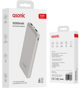 Asonic AS-P10 10000mAh Micro+Type-C+USB Beyaz Taşınabilir Pil Şarj Cihazı Powerbank