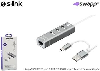 S-link Swapp SW-U222 Type-c Usb 2.0 10-100mbps 3 Port Usb Ethernet Adaptör