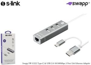 S-link Swapp SW-U222 Type-c Usb 2.0 10-100mbps 3 Port Usb Ethernet Adaptör