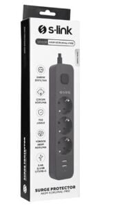 S-link SPG03U  5V2.4A 1.5m 3x1.00mm 100 yüzde  Bakır 750 Joule 3 lü Anahtarlı Akım Korumalı Siyah Priz