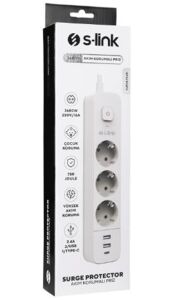 S-link SPG03TC 5V2.4A 1.5m 3x1.00mm 100 yüzde  Bakır 750 Joule 3 lü Anahtarlı Akım Korumalı Beyaz Priz
