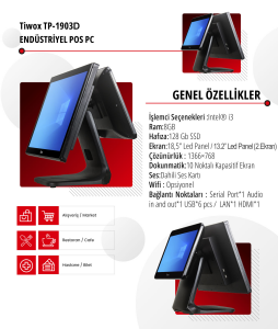 TIWOX 18.5 Dokunmatik (İki Ekranlı) TP-1903D CORE i3 3. Nesil 8GB RAM- 128GB SSD- FDOS- POS PC