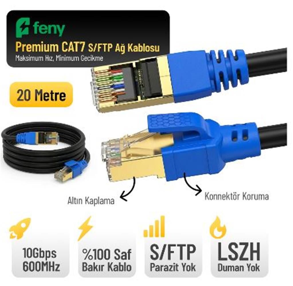 Feny FN-CAT7LS20 10GBPS İnternet 60MHZ 20 Metre CAT7 Gold Patch Kablo (Yanmaz- yüzde 100 Saf Bakır)