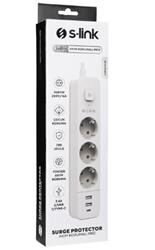 S-link SPG03TC 5V2.4A 1.5m 3x1.00mm 100 yüzde  Bakır 750 Joule 3 lü Anahtarlı Akım Korumalı Beyaz Priz