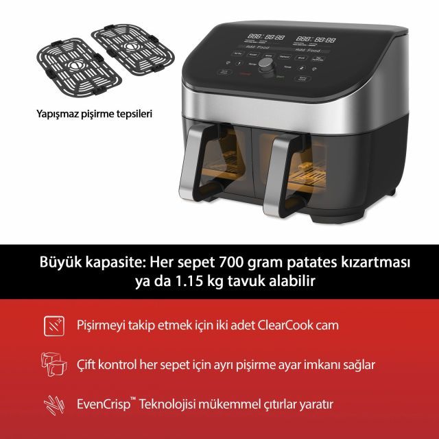 140-3127-01-EU 8Qt Vortex Plus Dual 7.6 Litre 8 Fonksiyonlu Cam Pencereli Hava Fritözü