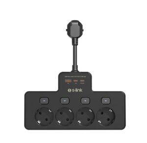 S-link PRZ08 Siyah 4 Soketli 15cm 1 USB 2 Type-C PD20W Tam Bakır Kablolu Akım Korumalı Priz