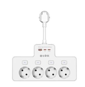 S-link PRZ08 Beyaz 4 Soketli 15cm 1 USB 2 Type-C PD20W Tam Bakır Kablolu Akım Korumalı Priz