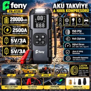 Feny FN-AT20 20.000 Mah 5v-3a Akü Takviye Ve Hava Kompresörü (Lastik Şişirme- Powerbank) Çantalı