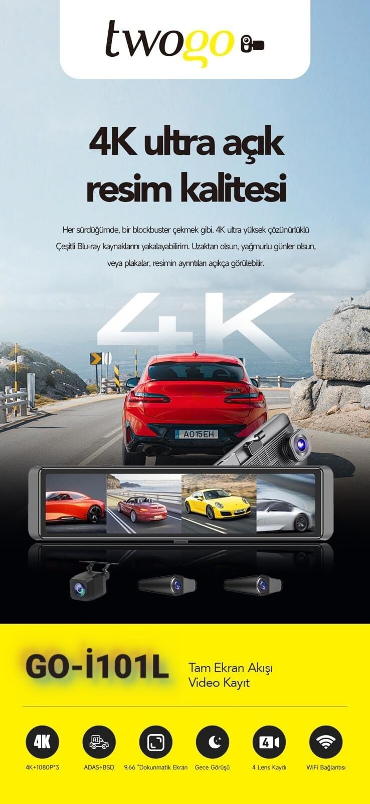 TWOGO GO-İQ11 11.26 Ayna Ekran 4 Kameralı Araç İçi Kamera (İ101L)