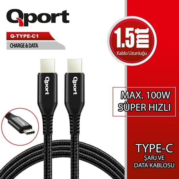 QPORT 1.5metre Q-TYPE-C1 TypeC Grnt Kablosu
