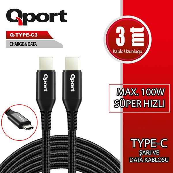 QPORT 3metre Q-TYPE-C3 TypeC Grnt Kablosu