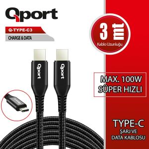 QPORT 3metre Q-TYPE-C3 TypeC Grnt Kablosu