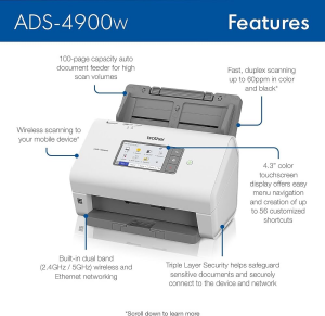 BROTHER A4 ADS-4900W 60ppm Duplex Kablosuz Ağ Tipi Dokunmatik Ekranlı Profesyonel Masaüstü Doküman Tarayıcı