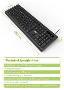 Acer OAK-0A0  Siyah Kablolu Sessiz Tuşlu  Klavye (Caps Lock) (Kablo Uzunluğu 1.50Cm) Caps Lock