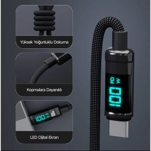BIX 1metre BX09CC-BK 100w Dijital Ekranlı Şarj Kablosu Siyah