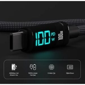 BIX 1metre BX09CC-BK 100w Dijital Ekranlı Şarj Kablosu Siyah