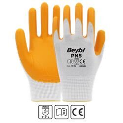Beybi Nitril PMK PN5 Beyaz Sarı Örme Polyoster Nitril  9 Beden 12li Paket EN388 (3121X)