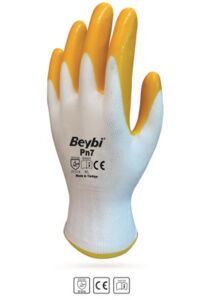 Beybi Nitril Poly PN7 9 Beden Beyaz Sarı Eldiven 12li Paket
