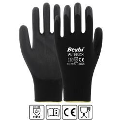 Beybi 7 Beden 12li Paket  Poliüretan Kaplı Pu Touch Siyah Montaj Eldiven  EN388 (3121X)