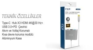 Inca ITPC-04TX Type-c Hub HDMI 4K@30hz USB3.0+PD100W Akım ve Voltaj Korumalı Alüminyum Çoklayıcı