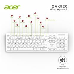Acer OAK920 Q Usb Beyaz 1.8mt Kablolu Klavye-Tek Tuş Hesap Makinalı (Sessiz Tuş)