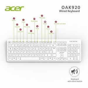 Acer OAK920 Q Usb Beyaz 1.8mt Kablolu Klavye-Tek Tuş Hesap Makinalı (Sessiz Tuş)