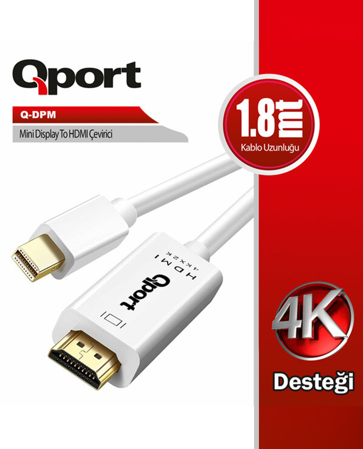 QPORT 1.8metre Q-DPM mDP-HDMI Grnt Kablosu
