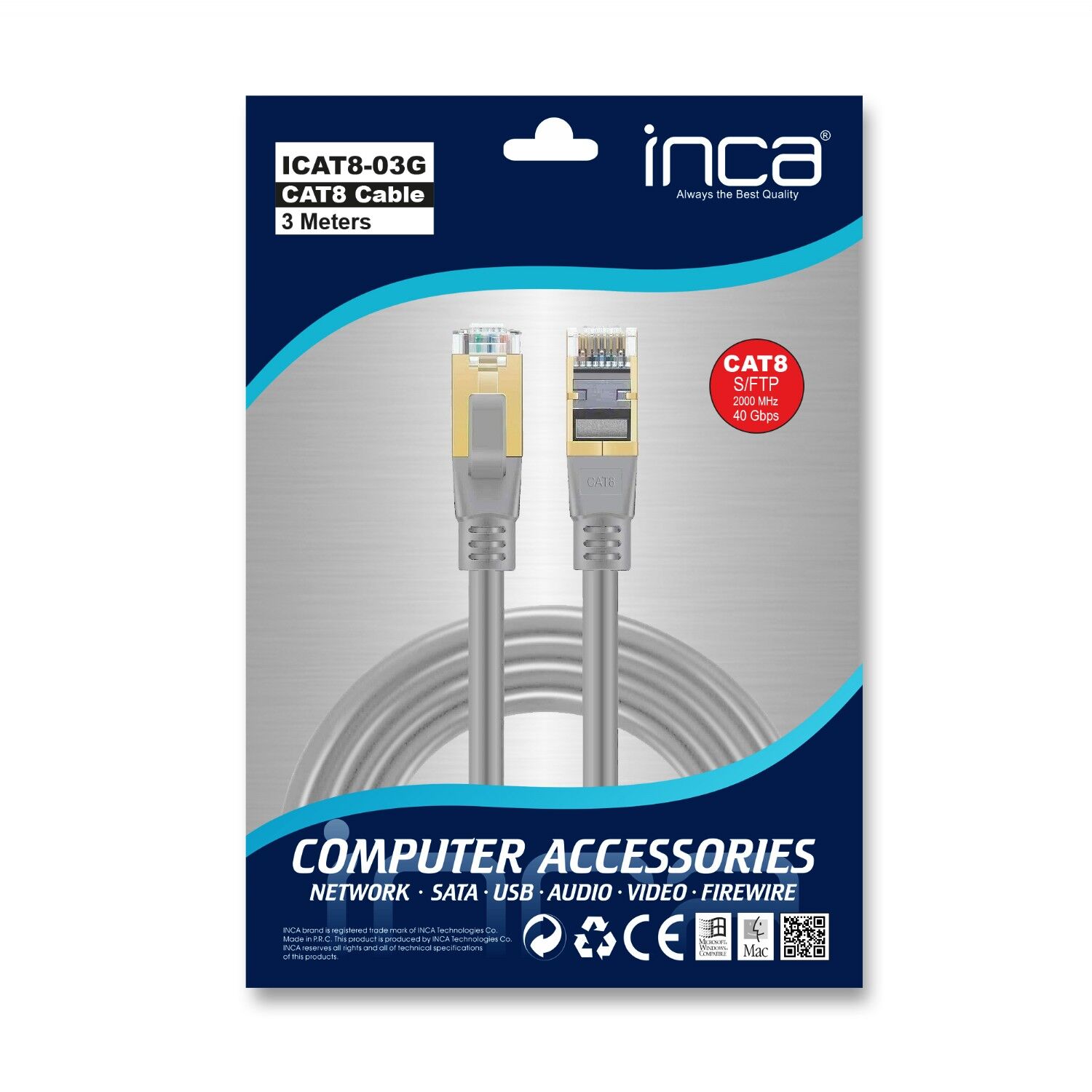 INCA 3metre CAT8 S/FTP ICAT8-03G Gri Patch Kablo