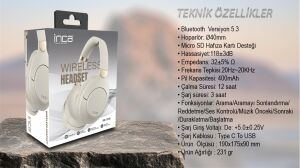 Inca IBK-503B Beyaz 5.3 Bluetooth Wireless Kulaklık Micro Sd Kulaklık 400mah Type-c To USB