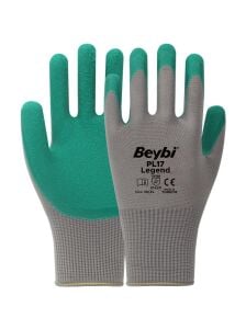 BEYBİ PL-17 10 Beden Gri-Yeşil 12li Paket Legend Polyester Örme Lateks Eldiven