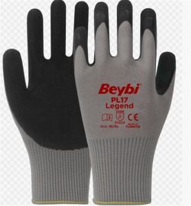 BEYBİ PL-17 10 Beden Gri-Siyah 12li Paket Legend Polyester Örme Lateks Eldiven