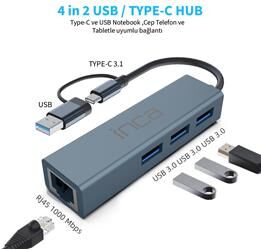 Inca IUTP-03TX Ethernet Usb 3.0+Type-C 3.1 Grişli 000 Mbps 3X3.1Usb Eternet-Çoklayıcı