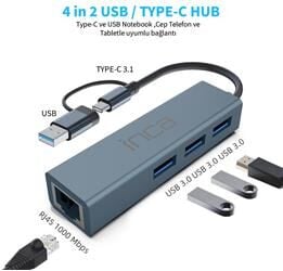 Inca IUTP-03TX Ethernet Usb 3.0+Type-C 3.1 Grişli 000 Mbps 3X3.1Usb Eternet-Çoklayıcı