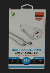 Megatech T05M45-T Beyaz 45W PD-USB Araç Çakmaklık Şarj Başlığı Hızlı Şarj(TYPE-C TO TYPE-C KABLO)