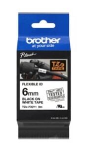 Brother TZE-FX211 6 mm Beyaz Üzeri Siyah Esnek Laminasyonlu Etiket