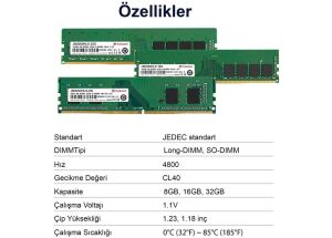 Transcend JM4800ALE-16G 16GB DDR5 4800Mhz CL40 1.1V Masaüstü Pc Ram