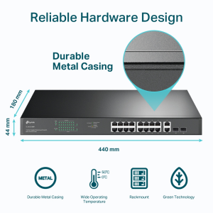 TP-LINK 16port PoE 250W 2-SFP Gigabit Yönetilemez Switch TL-SG1218MP