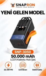 Snapron SNP-3050 50.000 Mah LCD Ekran Dahili Kablolu 22.5w Hızlı Şarj Powerbank