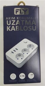 Fly 3406-01 3lü Anahtarlı 2.1A 3Usb Şarj Çıkışı 2mt Anahtarlı  Akım Korumalı Priz Çocuk Koruması