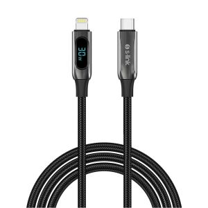 S-link Armor LED CL-030 30W 1mt Type-C to Lightning PD Örgülü LED Başlıklı Siyah Hızlı Şarj Kablosu