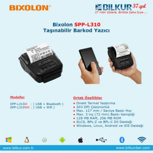 BIXOLON 203dpi SPP-L310WK 72mm 127mm/sn USB + Seri + WiFi Taşınabilir Barkod Etiket Yazıcı