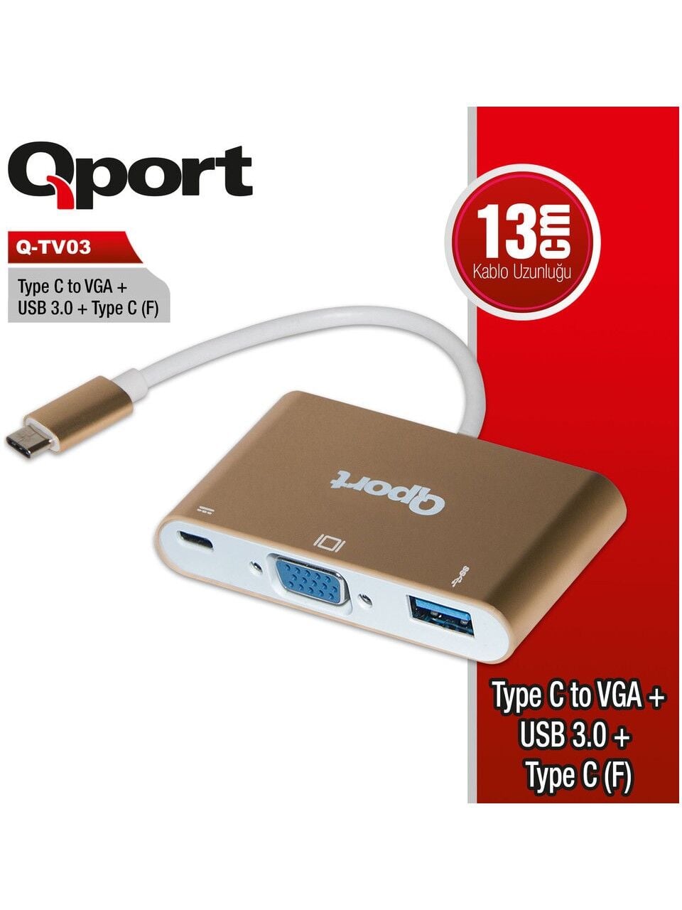 QPORT Q-TV03 0.15metre TypeC-Vga Dişi,USB Çevirici Adaptör Gold 1080p